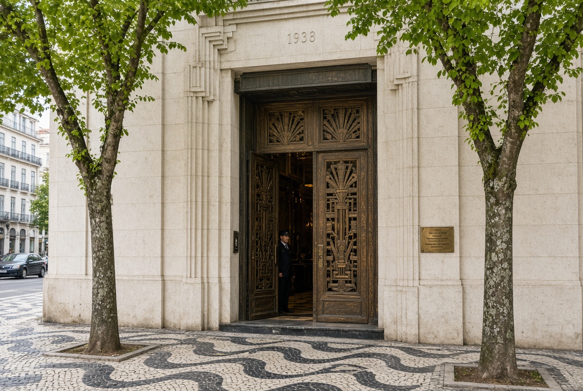 The bronze entrance doors of the building set back behind two lime trees on the avenue