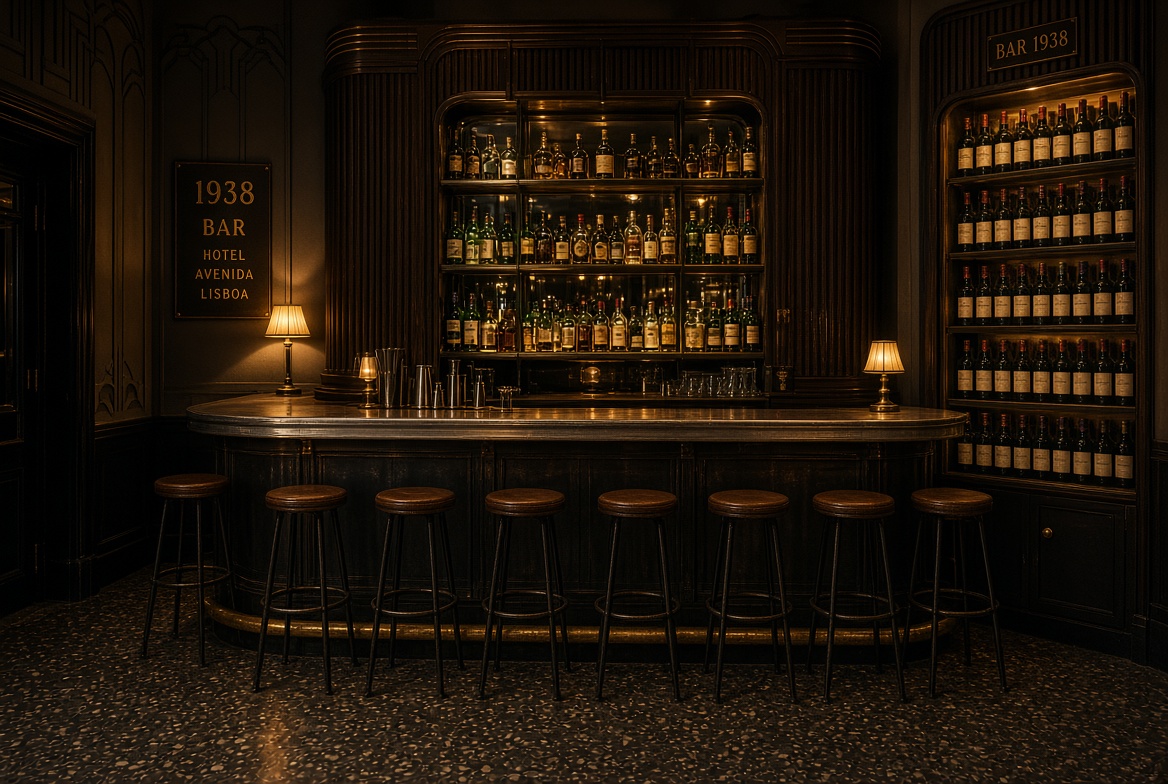 The small hotel bar with a zinc counter, brass rail and bottles of Portuguese spirits