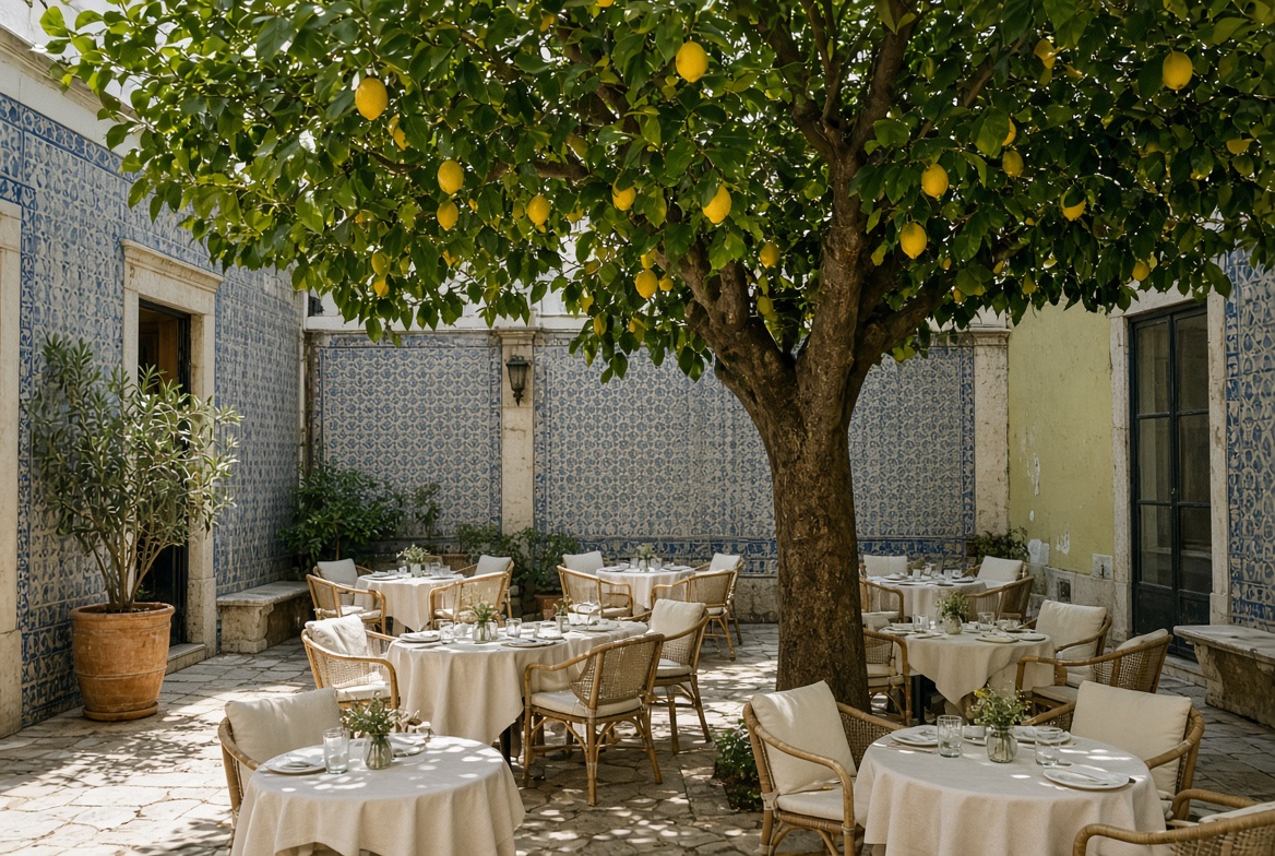 Tables set under a lemon tree on the interior garden terrace