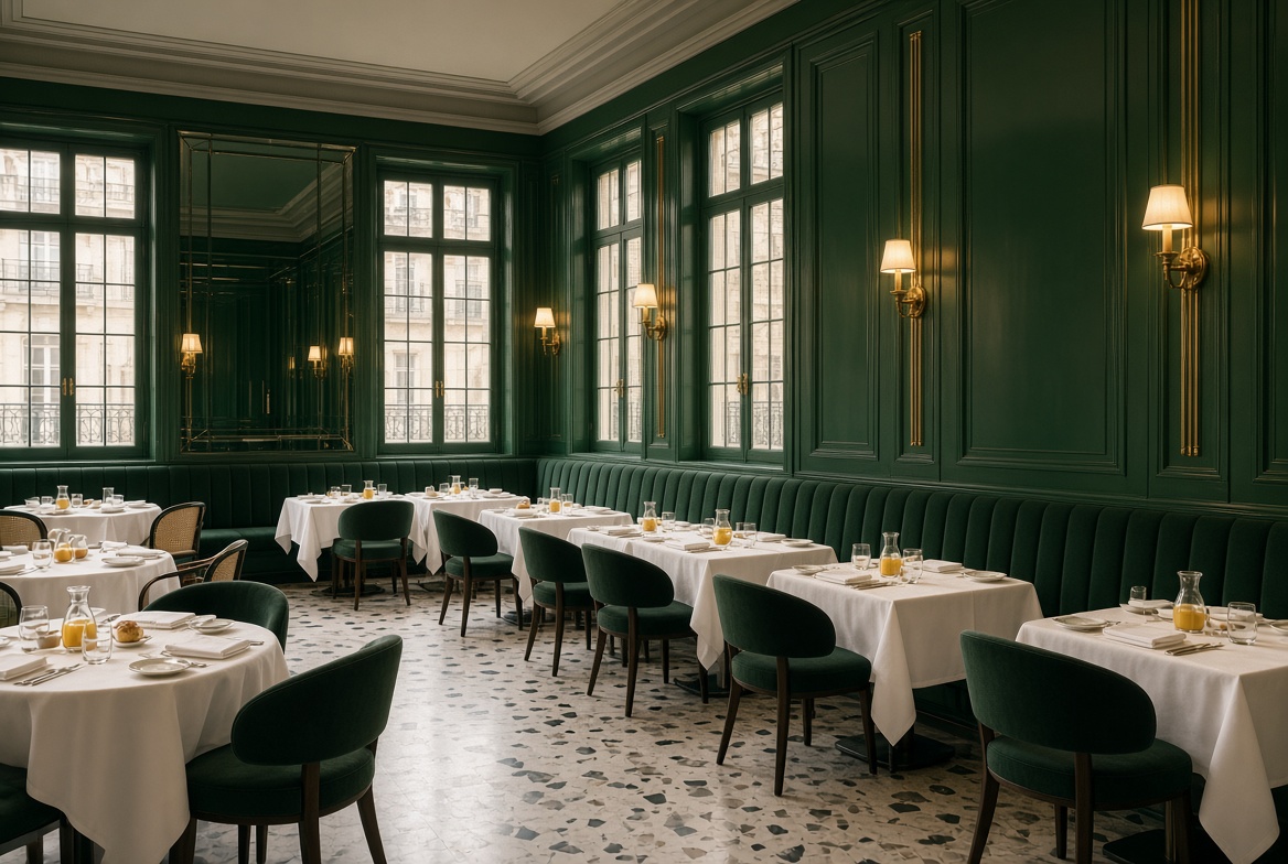 The Salao Verde dining room with green lacquered panelling and brass sconces