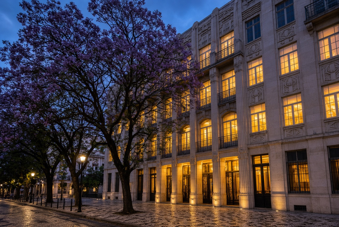 The illuminated Art Deco facade of Savoy Luxury Accommodations on Avenida da Liberdade at dusk