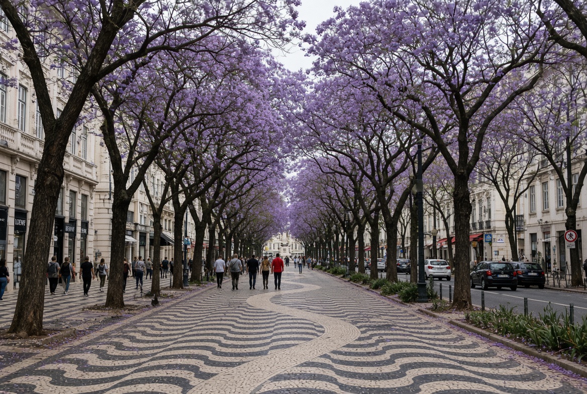 Avenida da Liberdade lined with jacaranda trees in bloom