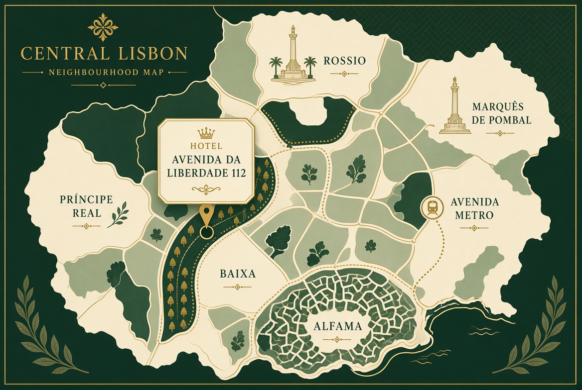 Illustrated neighbourhood map showing the hotel on Avenida da Liberdade with Rossio, Principe Real and Alfama marked