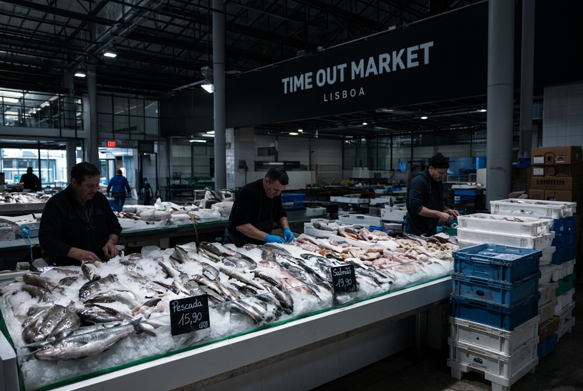 Fish stalls at the Mercado da Ribeira early in the morning