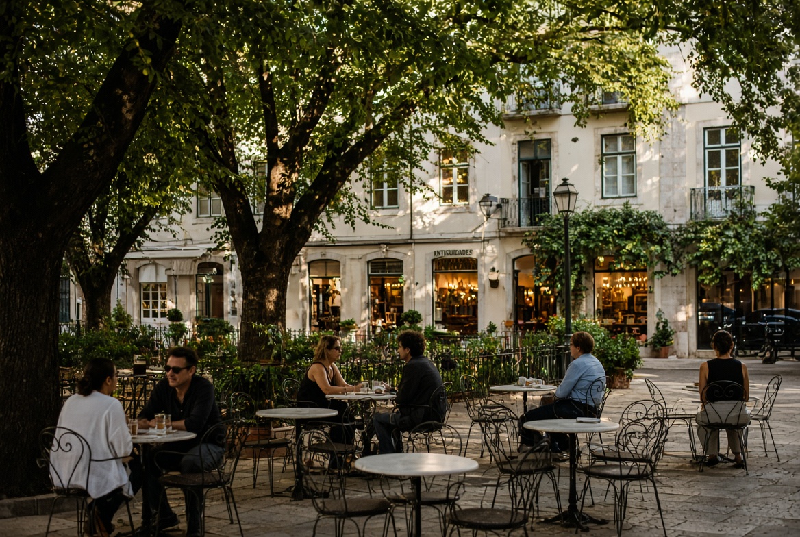 A garden square in Principe Real with cafe tables under the trees
