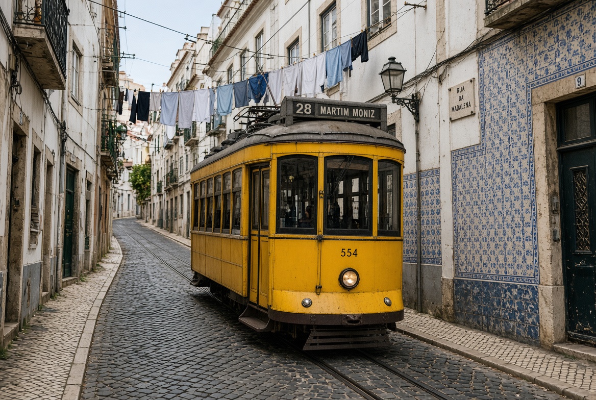 A yellow tram climbing a narrow street in Alfama