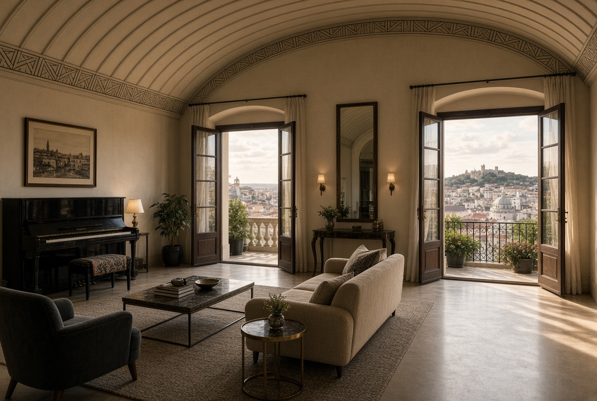 Penthouse Residence living room under the original barrel-vaulted ceiling