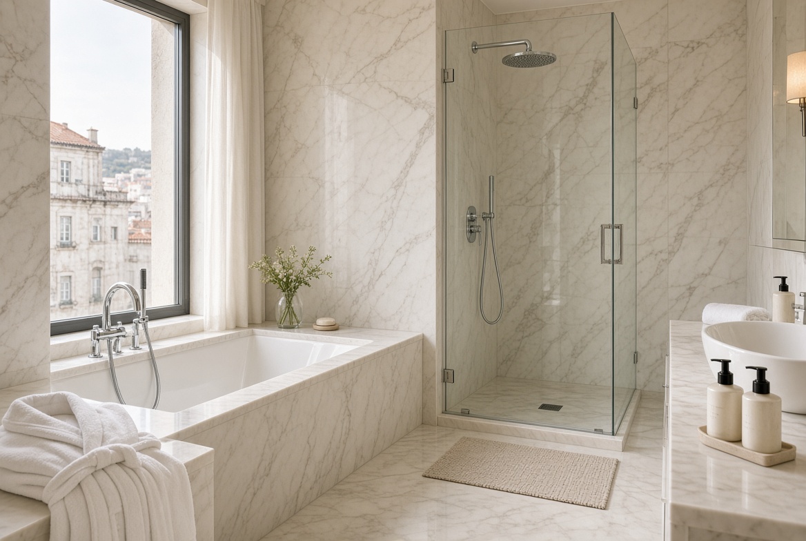 A bathroom in cream Estremoz marble with a soaking tub beside a tall window