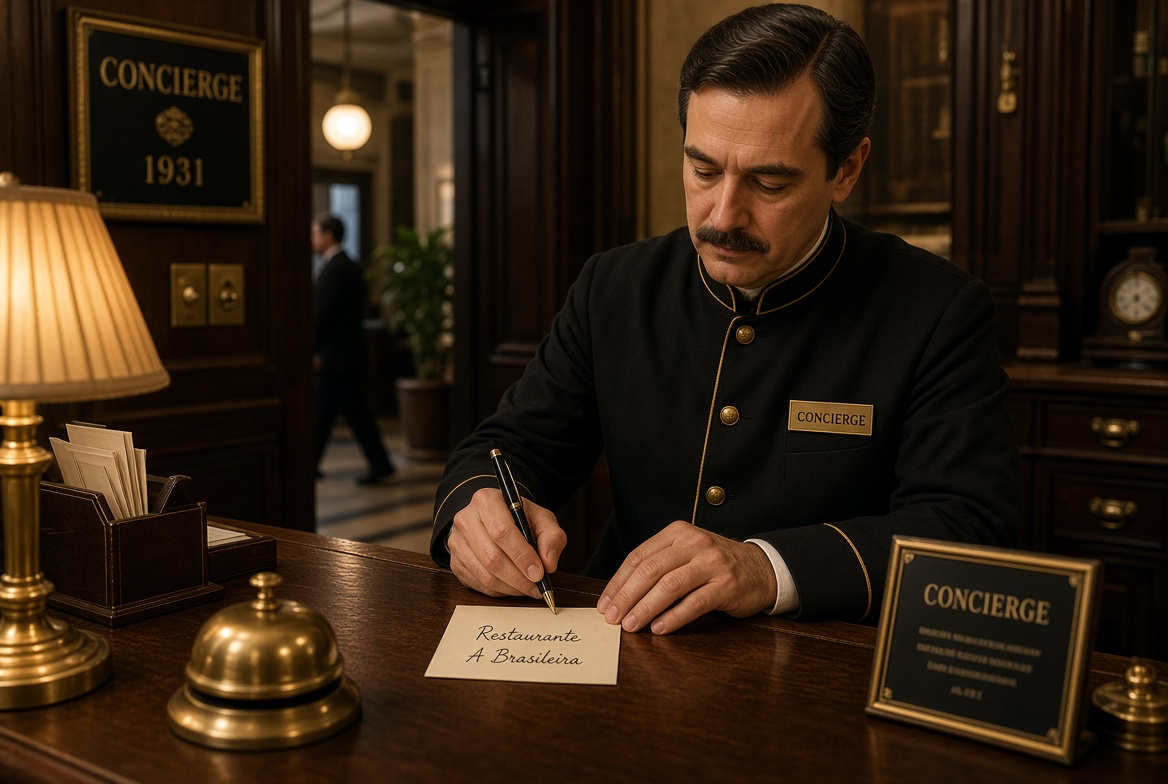 The concierge at the walnut desk writing a restaurant address on a card