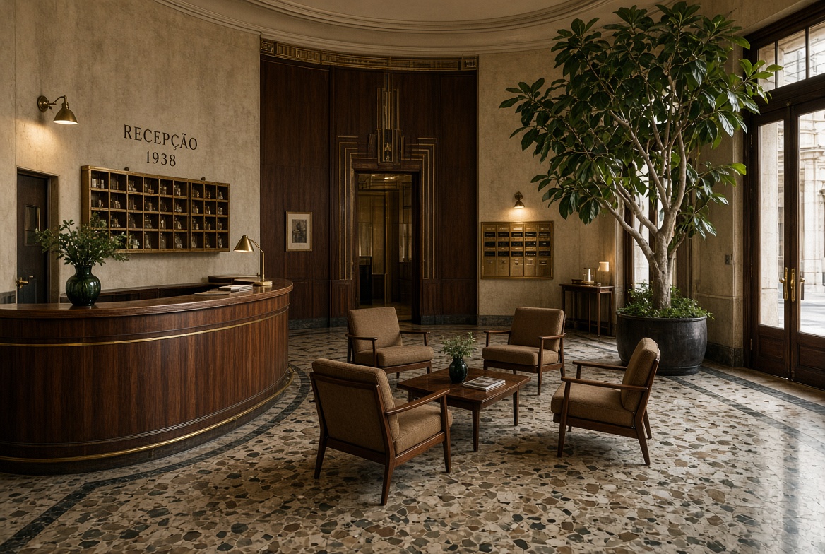 The lobby with its curved walnut reception desk, terrazzo floor and large fig tree