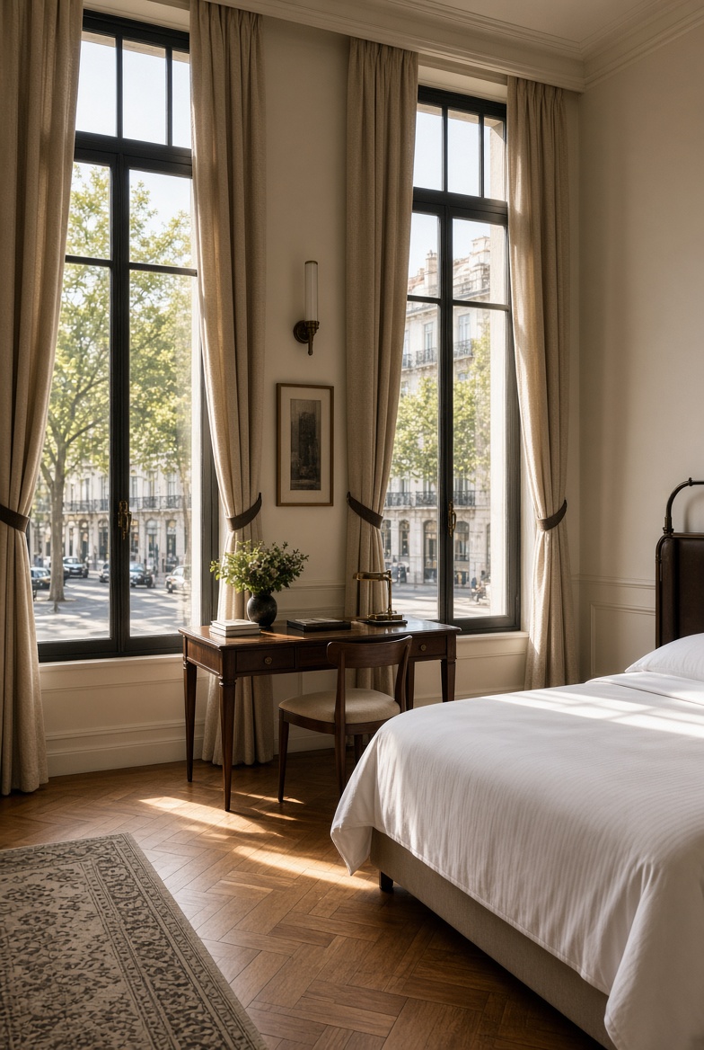 Avenida Suite with tall windows overlooking the tree-lined boulevard
