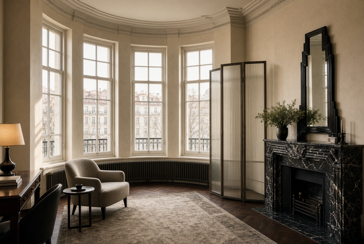 Deco Corner Suite with an original 1938 fireplace and curved corner windows